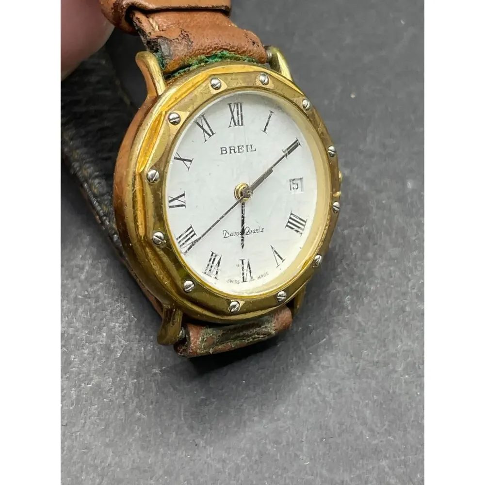 Vintage BREIL Davos Quartz Gold Tone Date Womne's Watch Brown Leather Band 28mm